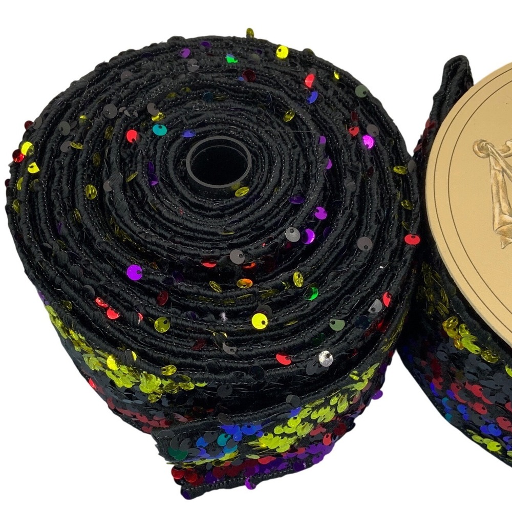 D. Stevens 2.5in‎ x 10Y approx. Rainbow Sequin Wired Ribbon Black/Multicolor NEW - Picture 5 of 6